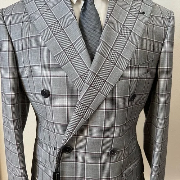 Grey windowpane super 150 Cerruti double breasted peak lapel wool suit